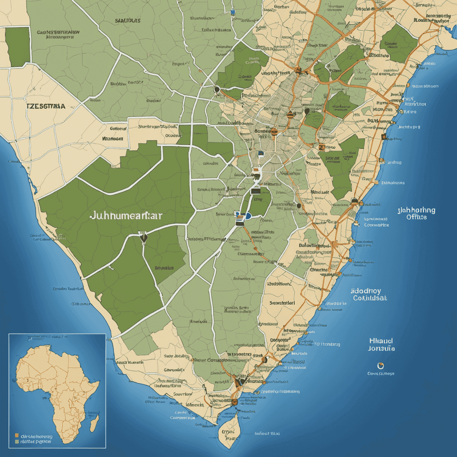 Map showing the locations of the Johannesburg and Cape Town offices of BizWiz Consulting South Africa