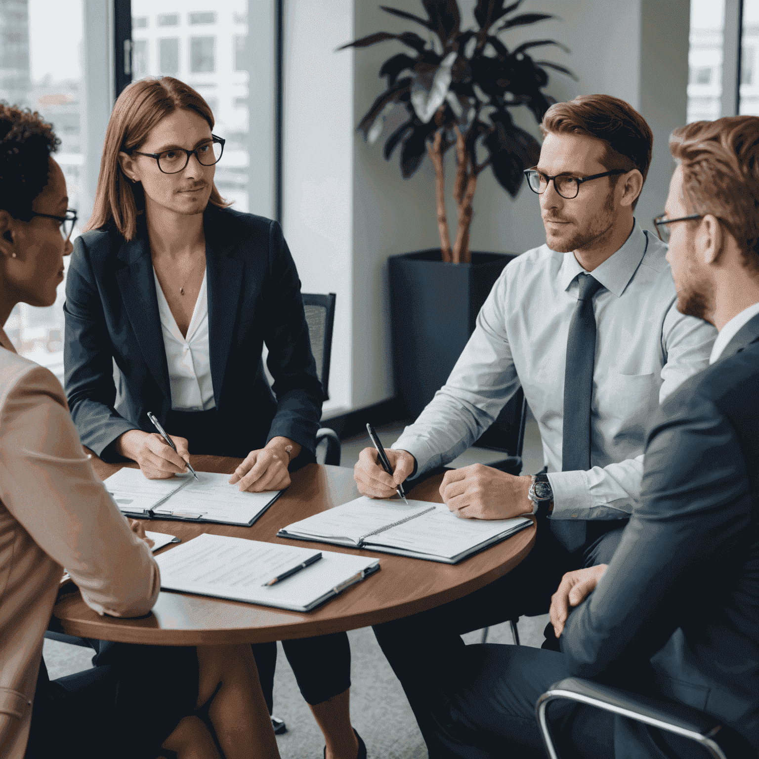 A group of financial advisors meeting with clients to discuss investment strategies and financial planning. The advisors are dressed professionally and the clients appear engaged and attentive.