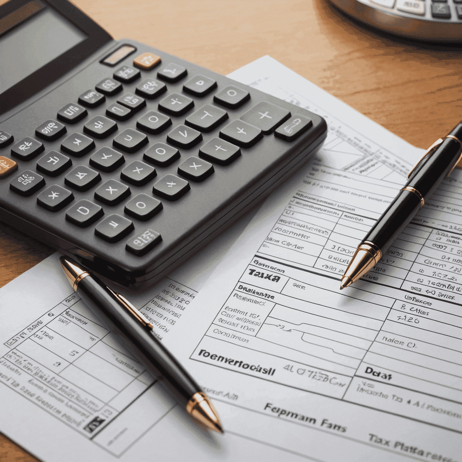 A professional looking image showing tax forms, a calculator, and a pen, symbolizing the new tax regulations for small businesses in South Africa