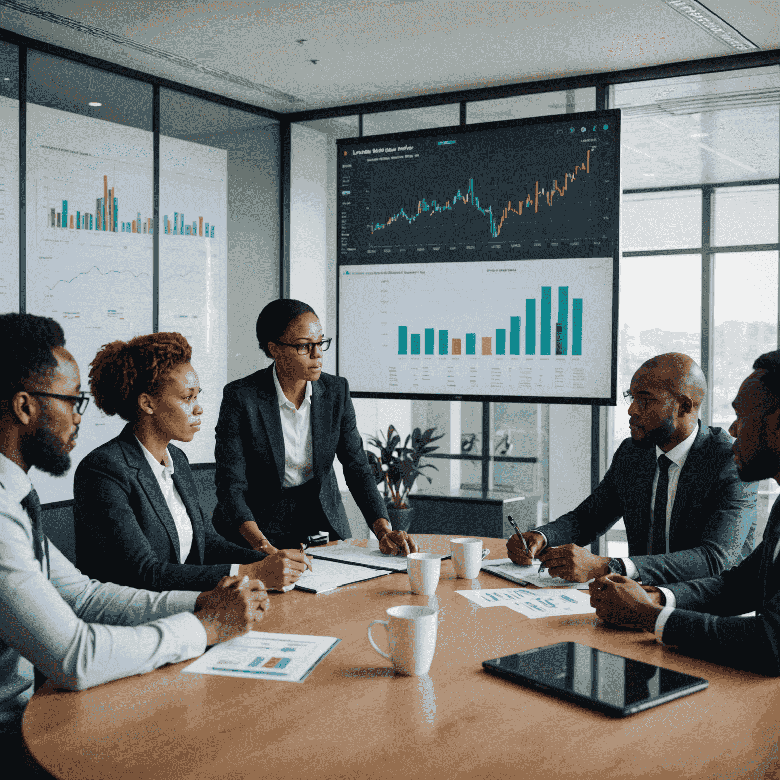 Businesspeople in a meeting room discussing strategies with charts and graphs on a screen, adapting to the post-pandemic business environment in South Africa