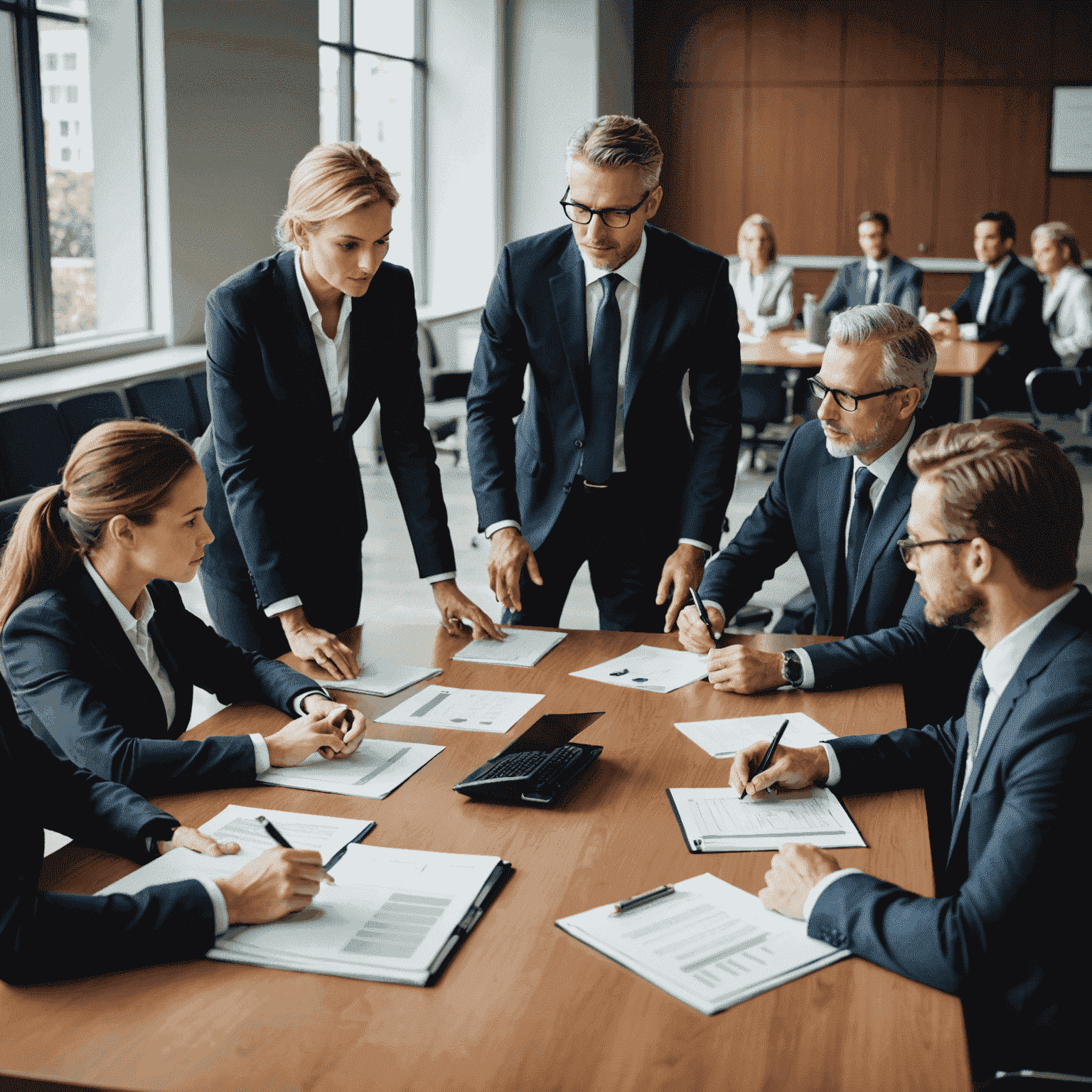 A team of business professionals discussing a strategy around a conference table