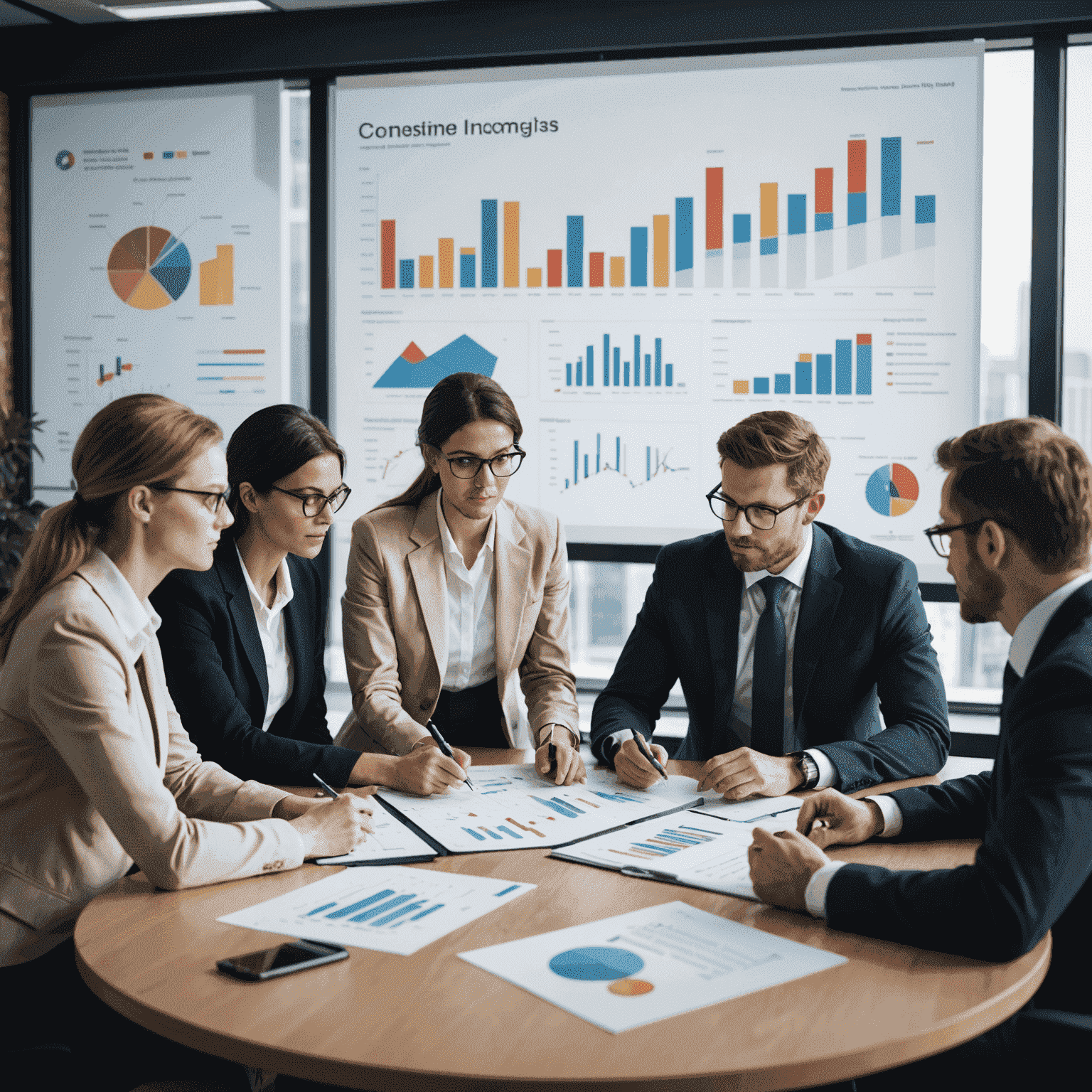 A group of business professionals discussing strategy around a conference table, with charts and graphs on a screen in the background