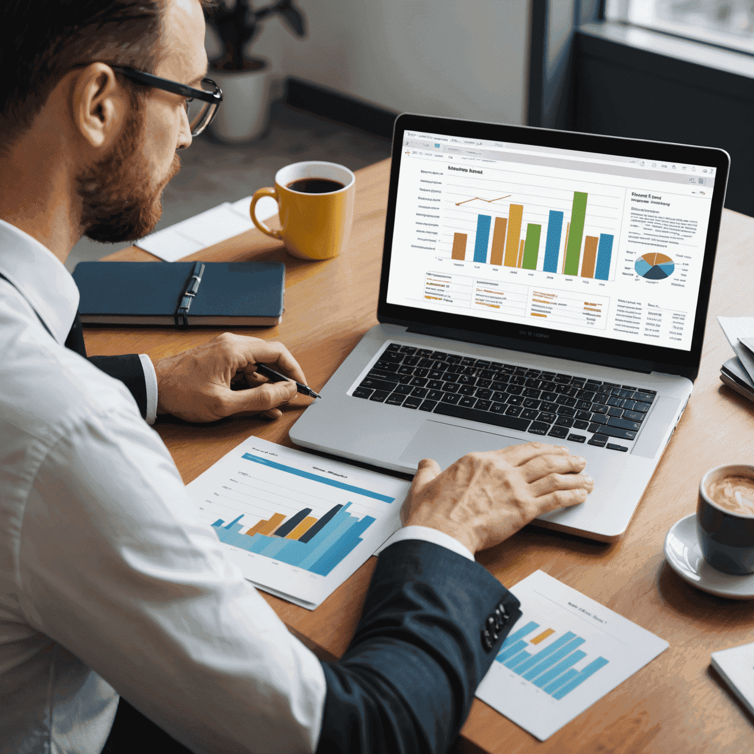 Financial consultants reviewing charts and graphs on a laptop and discussing strategies