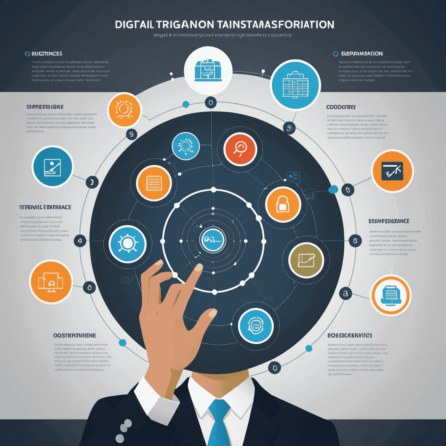 Illustration of digital transformation process, showing a business leveraging technology to streamline operations and enhance customer experiences