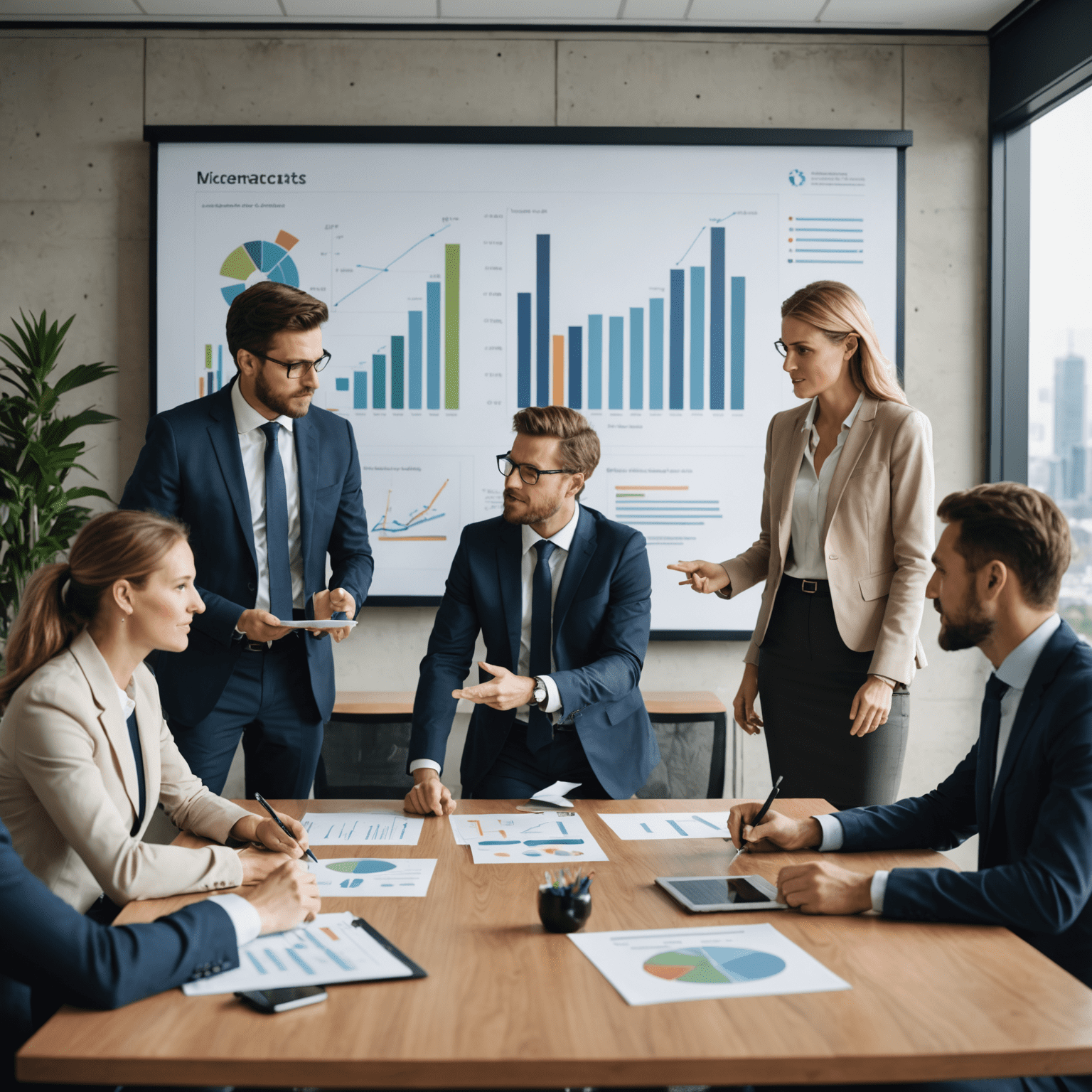 A team of business consultants discussing sustainable strategies around a conference table, with charts and graphs on a screen in the background