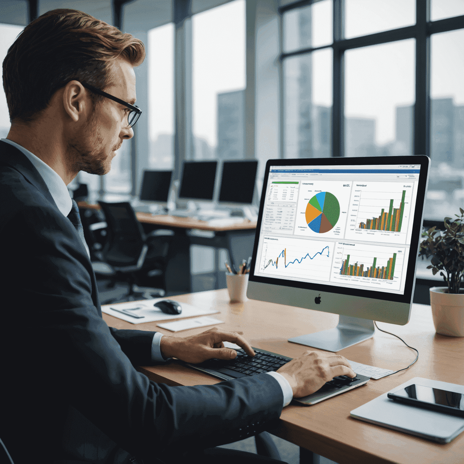 A financial consultant analyzing charts and graphs on a computer screen